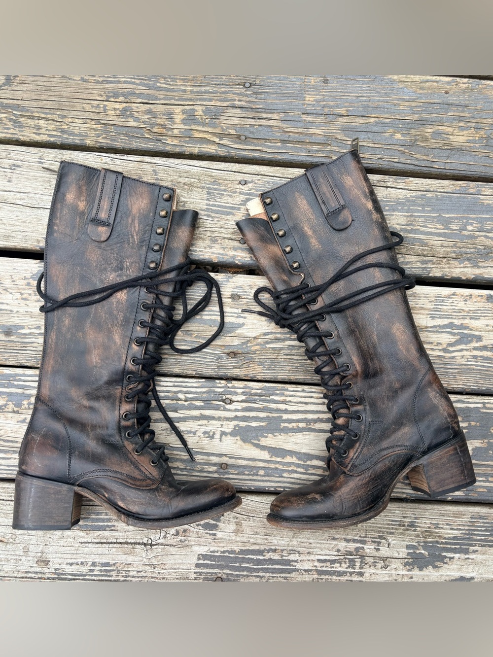 Freebird Grany Tall Lace Up Boots Distressed Black Leather Size 9 - Picture 2 of 8
